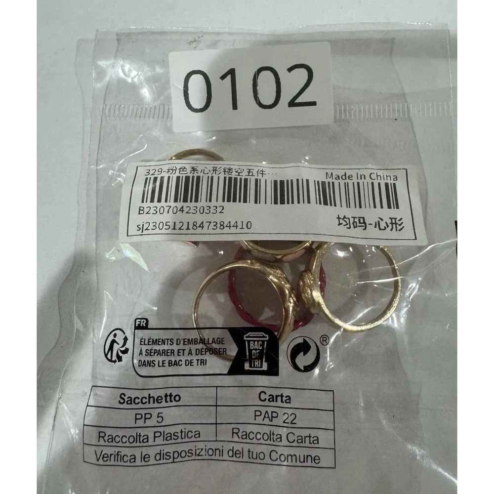 Lot of 5 Gold Tone Pink Enamel Heart Rings – Sizes 7, 7½ & 9 – Cute Fashion Stac